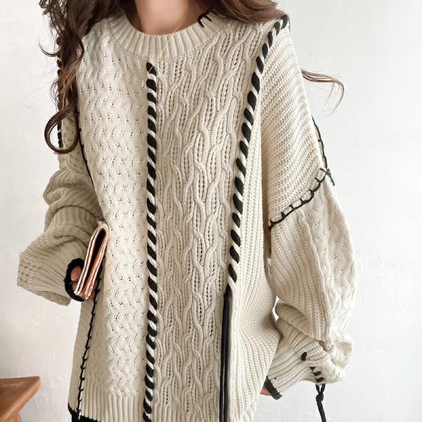 トップス ニット レディース 前後 2way クレイジー ステッチ クルーネック 男女兼用 ユニセッ...