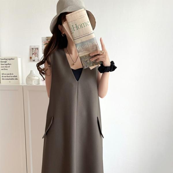 ワンピース レディース リラクシー フラップ ポケット付 Vネック シンプル バックスリット すっき...