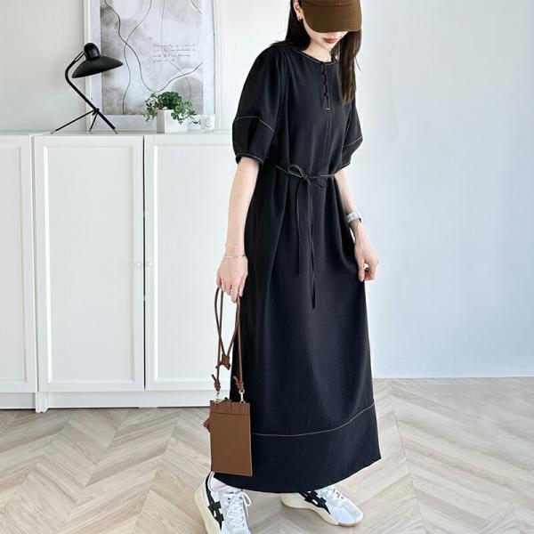 レディース ワンピース 前後 2way 配色 ステッチ ランタンスリーブ ウエスト リボン サイド ...