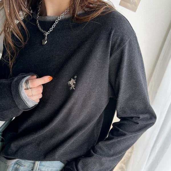 トップス Tシャツ レディース 長袖 ロンT 綿100% バイカラー ワンポイント 刺繍 ヴィンテー...