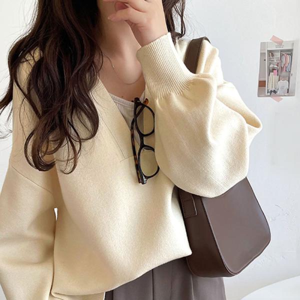 トップス ニット レディース もちもち 深め V ネック ジャガード 編み リブ 切替 セーター 長...