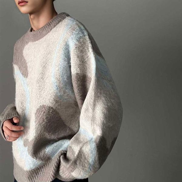 トップス ニット メンズ ウェーブ 柄 ダブル ジャガード シャギー ニットプルオーバー 男女兼用 ...