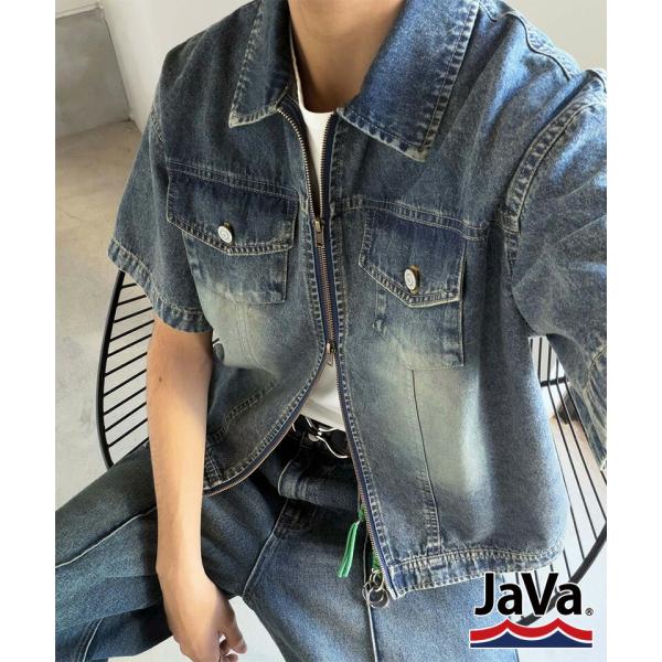 《java ジャバコラボ》デニムシャツ 半袖 メンズ トップス シャツ ダブルジップ ヴィンテージ ...
