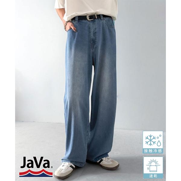 《JaVaジャバコラボ》【接触冷感・速乾機能付き】ヴィンテージブラスト加工リラックスフィットジーンズ...