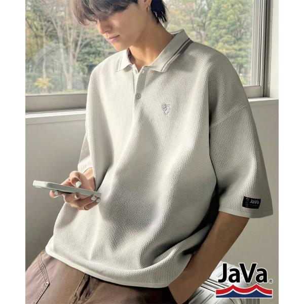 《JaVaジャバコラボ》ワンポイント刺繍入り 襟ライン配色 サマーニットポロ JaVa クラシカルエ...