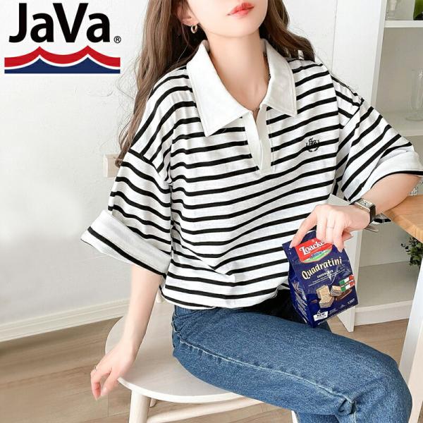 《java ジャバコラボ》 トップス Tシャツ レディース レトロ 風 配色 胸 刺繍 スキッパー ...