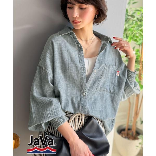 《java ジャバコラボ》 シャツ レディース 長袖 ブルー トップス コットン100％ オーバーサ...