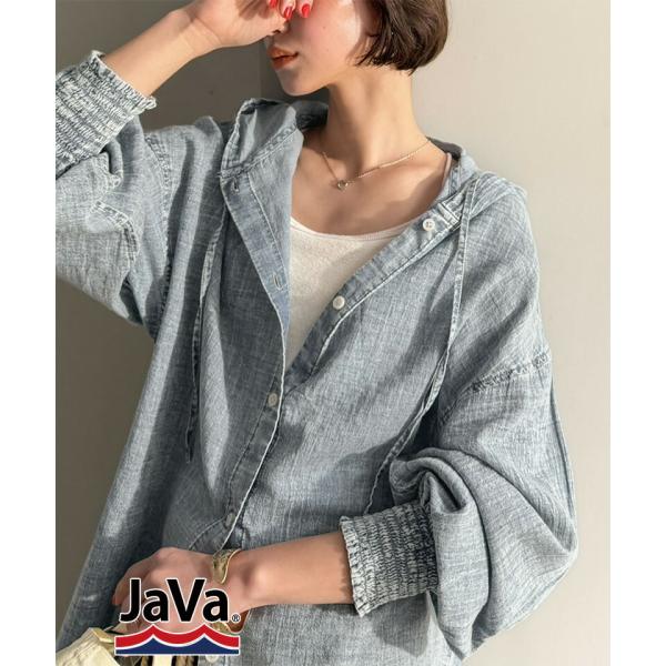 《java ジャバコラボ》 シャツ レディース 長袖 ブルー トップス コットン100％ フード 付...