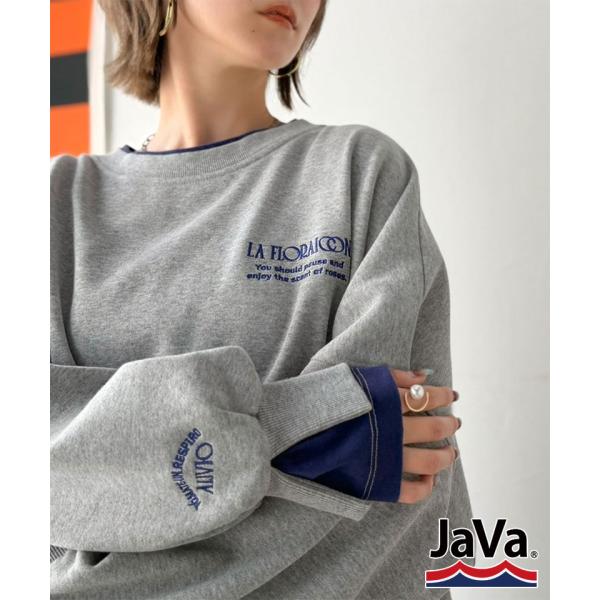 《JaVaジャバコラボ》配色刺繍レイヤード風オーバーサイズ裏起毛プルオーバ JaVa クラシカルエル...