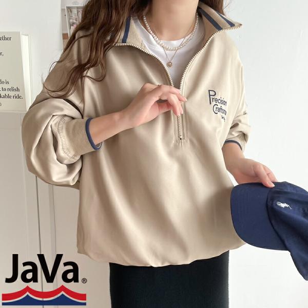 《javaジャバ 別注》 トップス スウェット レディース リブ ライン ロゴ刺繍 ハーフジップ プ...