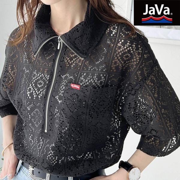 《JaVa ジャバコラボ》トップス Tシャツ レディース ハーフジップ クロッシェ風 パネルレース ...
