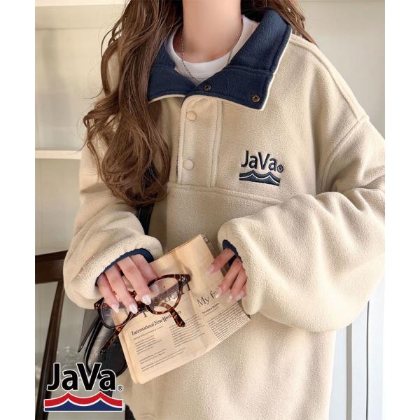 《JaVaジャバコラボ》ふんわり暖か。軽量配色フリースハーフジッププルオーバー（オーバーサイズ） J...