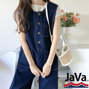 《javaジャバ 別注》 パンツ サロペット レディース 前後 2way 配色 ステッチ デニム ワイド テーパード アンティーク ボタン