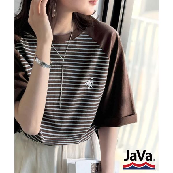 《java ジャバコラボ》 Tシャツ レディース 半袖 綿100％ 胸刺繍 ラグラン 配色ボーダー ...