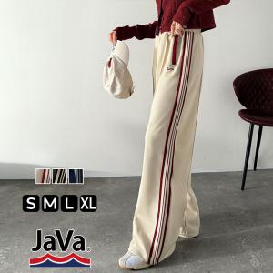 《java ジャバコラボ》ボトムス レディース 秋冬 パンツ 配色 サイド ライン ロゴ 刺繍 トラックパンツ ウエスト ゴム 仕様 男女兼用 ユニセックス｜Classical Elf