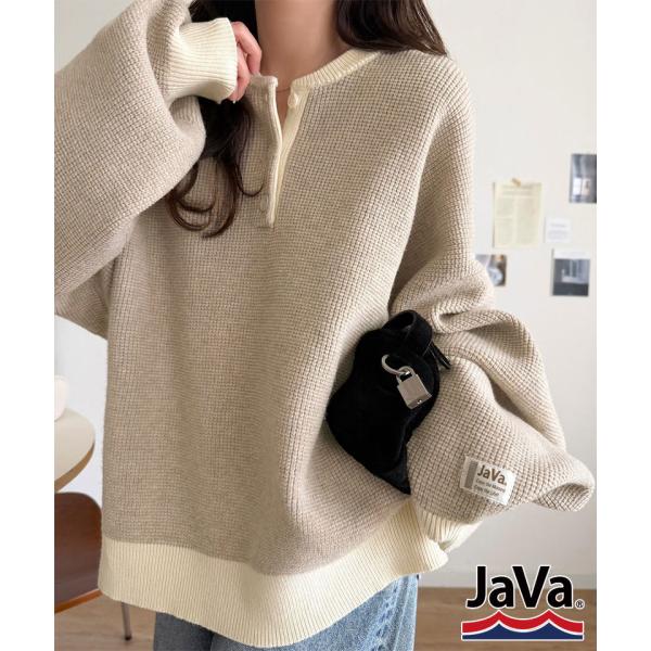 《JaVaジャバコラボ》ふっくら、袖たっぽり。ワッフル編みヘンリーネックオーバーサイズ配色ニット J...