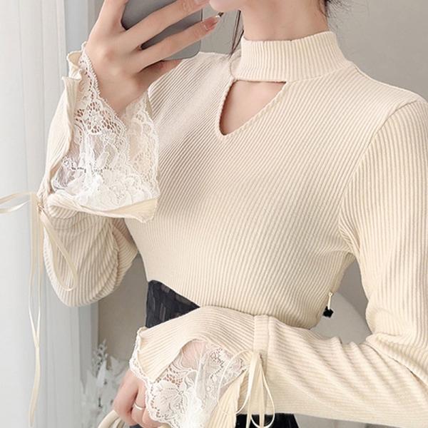 【mily bilet】 ワンピース レディース 袖口 レース リブ ニット ドッキング ワンピ フ...