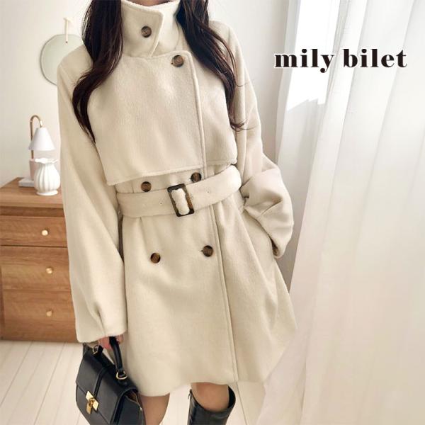 【mily bilet】スタンドカラーコート レディース アウター コート ミドル丈 フェザー シャ...