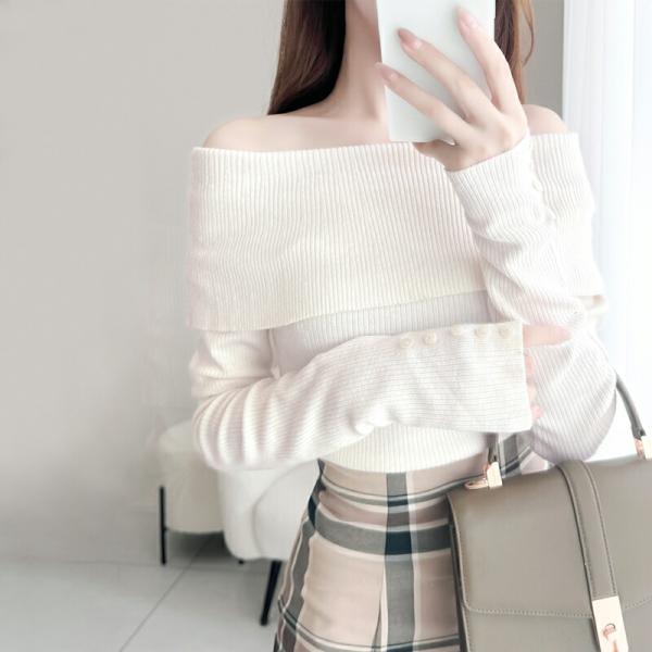 【mily bilet】 トップス ニット レディース シェル風 袖 ボタン オフショルダー もっち...