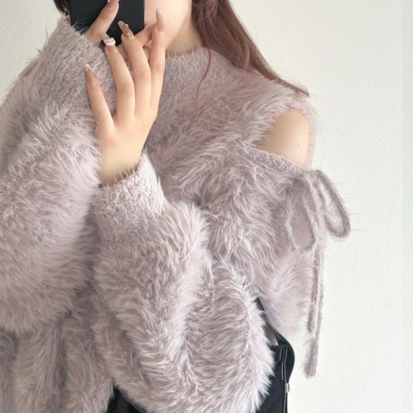 【mily bilet】 トップス ニット レディース シャギーニット 肩スリット 袖リボン プルオ...