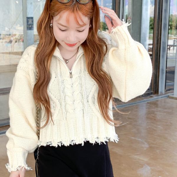 【mily bilet】 トップス ニット レディース ダメージ ハーフジップ ハイネックショート丈...