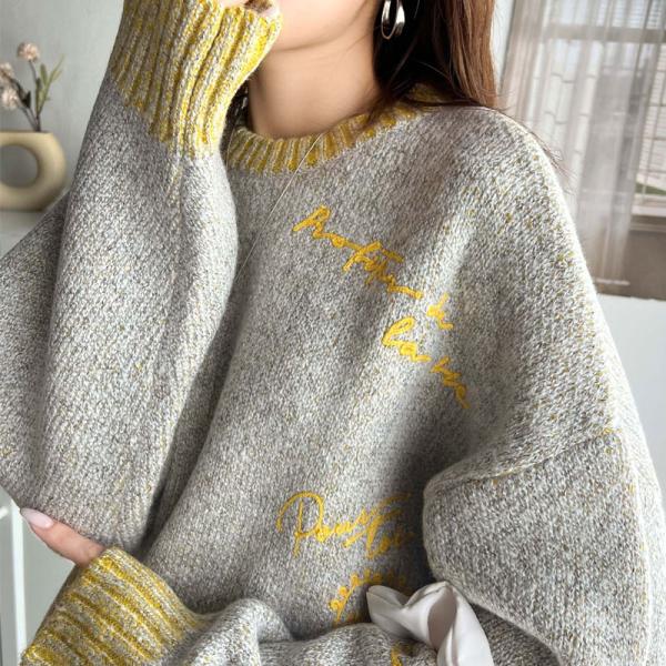 【mily bilet】 トップス ニット レディース ランダム刺繍 クロップド丈 配色リブ メラン...