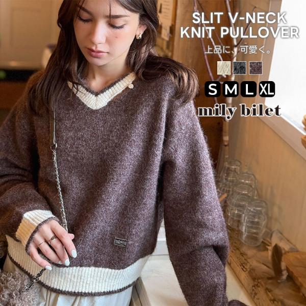 【mily bilet】トップス ニット レディース 長袖 プルオーバー Vネック 長袖 スリット ...