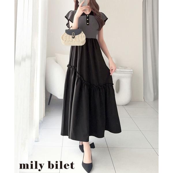 【mily bilet】ワンピース レディース 春 スタイルアップ ポロ 襟 ドッキング ワンピ 半...