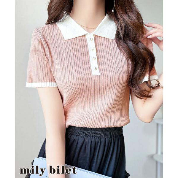 【mily bilet】金縁ボタン使いバイカラーリブポロニット mily bilet クラシカルエル...