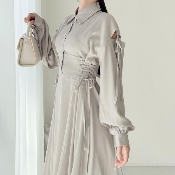 【mily bilet】 ワンピース レディース ロング丈 肩開き リボン ステッチ ガーリー 配色...