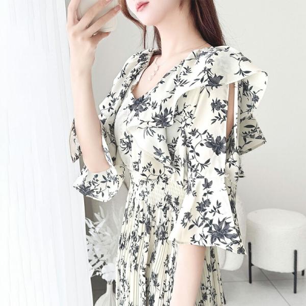 【mily bilet】 ワンピース レディース フリル 襟 花柄 肩 スリット ワンピ ベルスリー...