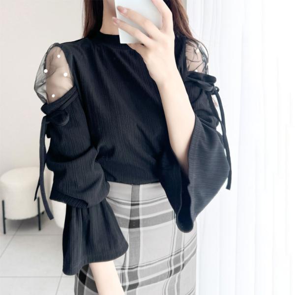 【mily bilet】 トップス カットソー レディース チュール パール キャンディスリーブ 肩...