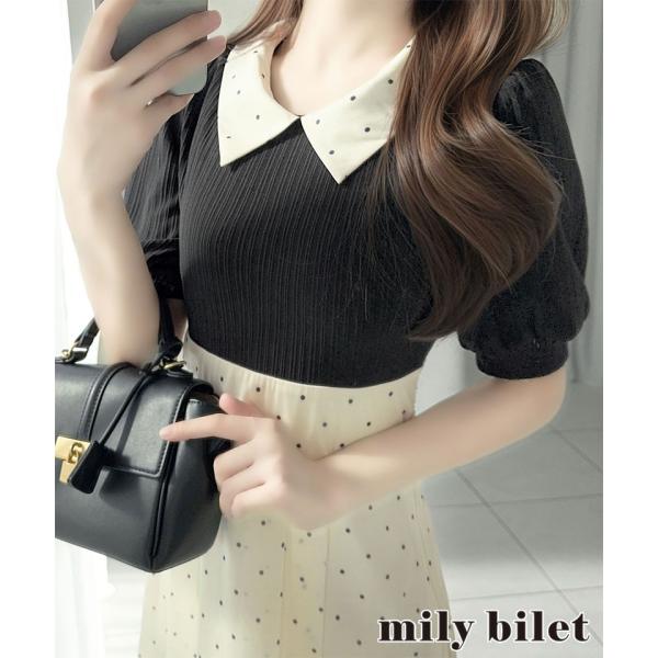 【 mily bilet 】ワンピース レディース 切り替え ドッキング 半袖 ドット柄 シアー 上...