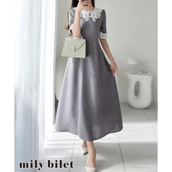 【mily bilet】 ワンピース レディース 春 きれいめ 襟配色レース リネンライク 花柄レー...