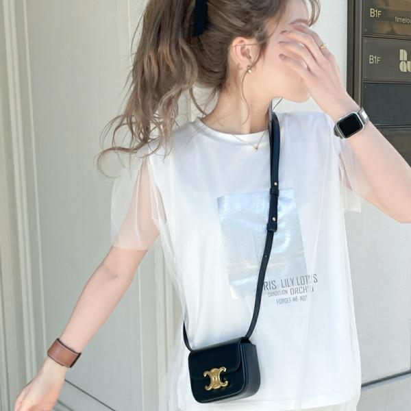 【mily bilet】 トップス Tシャツ レディース チュール 重ね着 風 シルバー 箔 プリン...
