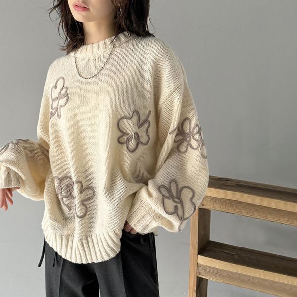 【mily bilet】 トップス ニット レディース ウール ライク フラワー コード 刺繍 プル...
