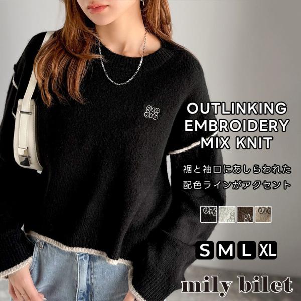 【mily bilet】 トップス ニット レディース アウトリンキング 胸刺繍 ミックスニット 長...