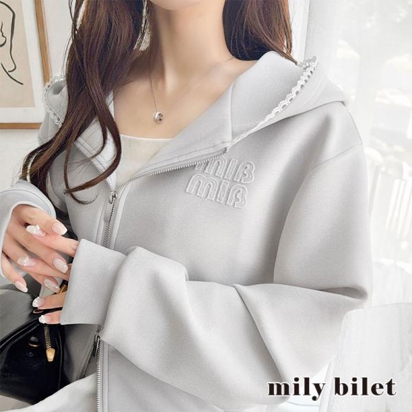 【mily bilet】 パーカー レディース 春 トップス ショート丈 ダブルジップ ラメ ワッペ...
