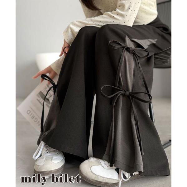【mily bilet】サイドリボン配色切り替えワイドスラックス（無地＆ストライプ） mily bi...