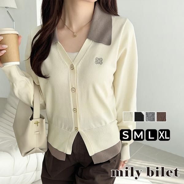 【mily bilet】カーディガン レディース 秋 トップス 胸 刺繍 ダブル カラー レイヤード...