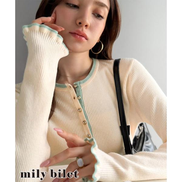 【mily bilet】ゴールドボタン ヘンリーネック配色リブニット mily bilet クラシカ...
