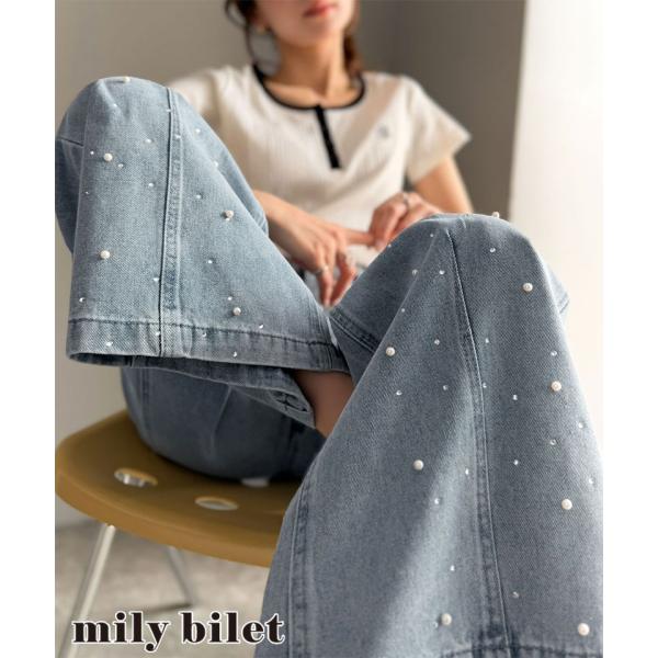 【mily bilet】パールビジューワイドストレートデニムパンツ mily bilet クラシカル...
