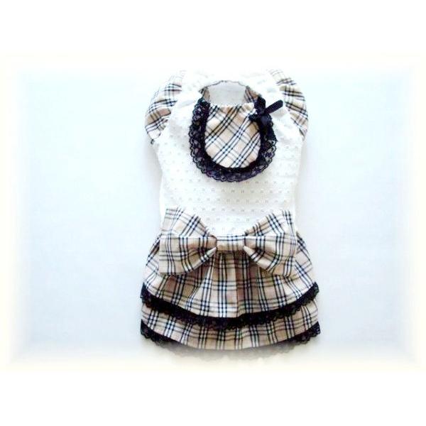 ベージュのチェックリボンワンピ　SS〜Ｌ　犬　ワンピース