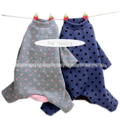 ドット長袖オールインワン　S〜ＸＬ（犬用パジャマ・部屋着）　犬服　つなぎ　足つき