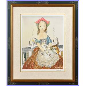 藤田嗣治 レオナール・フジタ パリの屋根の前の少女と猫 リトグラフ 複製版画 限定300部 大塚巧藝...