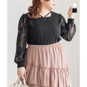 大きいサイズ レディース ビジュー付き花柄シアー袖切替プルオーバー