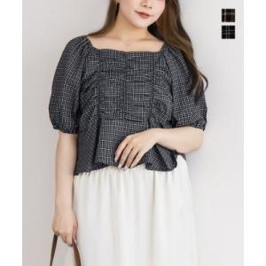 大きいサイズ レディース チェック柄シャーリングブラウス