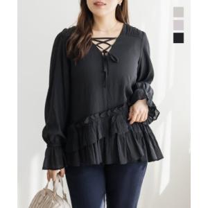 大きいサイズ レディース CLETTEオリジナルななめフリルレースアップブラウス