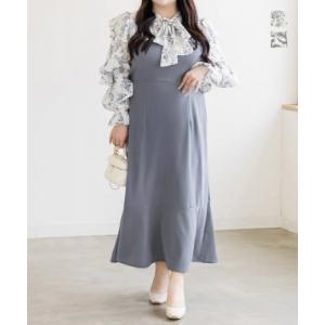 大きいサイズ レディース 花柄ドッキングリボンタイワンピース