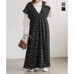 大きいサイズ レディース 花柄シャーリングVネックワンピース